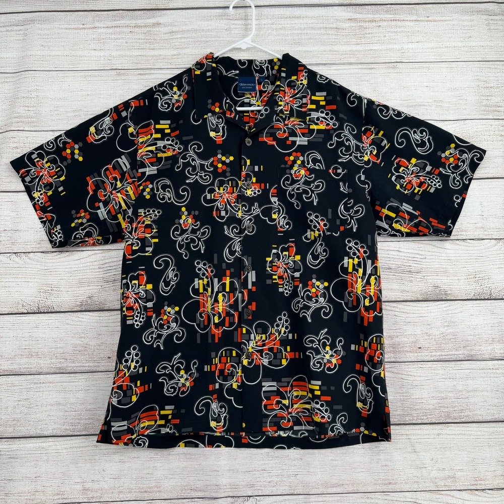 Vintage 90s Sideout Button Up Shirt Men L Black Abstract Geometric Floral Pocket